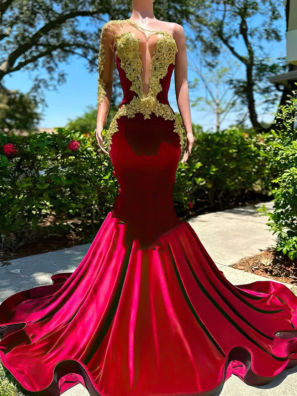 Trumpet/Mermaid One Shoulder Velvet Court Train Prom Dress With Beading #Milly020122902