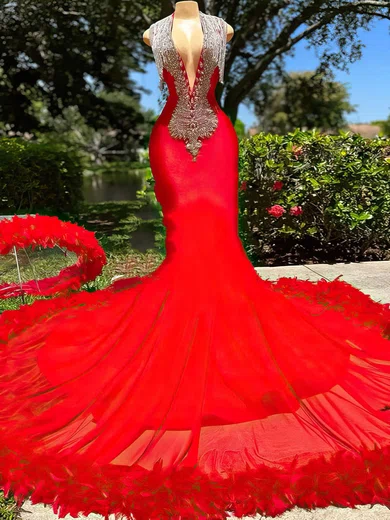 Red Sheath/Column Halter Tulle Cut Out Prom Dresses With Feather #Milly020122903