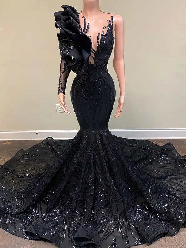 Trumpet/Mermaid One Shoulder Glitter Lace Court Train Prom Dress With Ruffles #Milly020122904