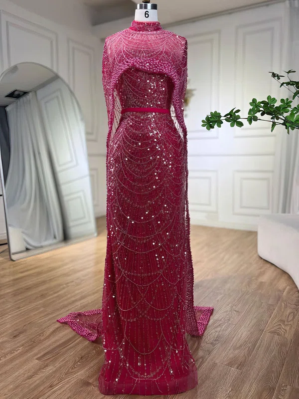Sheath/Column High Neck Glitter Sweep Train Prom Dress With Pearl Detailing #Milly020122908