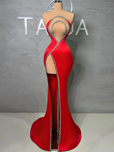 Red Sheath/Column Strapless Satin Prom Dresses With Beading #Milly020122910
