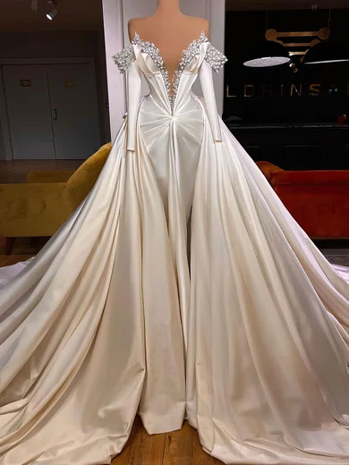 Ball Gown Off-the-shoulder Long Sleeves Satin Prom Dresses With Ruched #Milly020122911