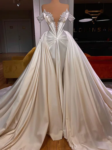 Ball Gown Off-the-shoulder Satin Prom Dresses With Ruched #Milly020122912