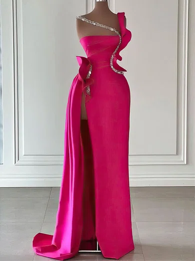 Sheath/Column Asymmetrical Neck Satin Prom Dresses With Beading #Milly020122914