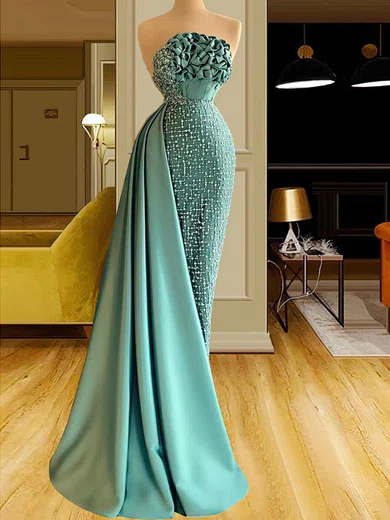 Sheath/Column Strapless Satin Beaded Prom Dresses #Milly020122922