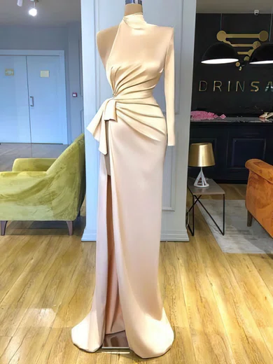 Sheath/Column High Neck Long Sleeves Satin Prom Dresses With Ruched #Milly020122923