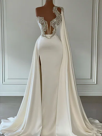 White Sheath/Column One Shoulder Satin Prom Dresses With Beading #Milly020122928