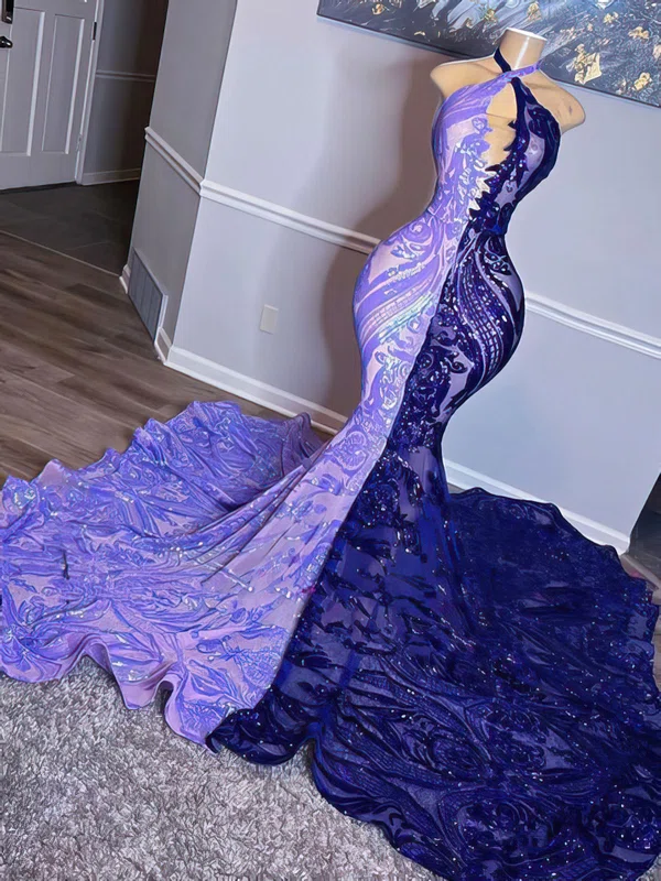 Trumpet/Mermaid Halter Glitter Lace Court Train Prom Dress #Milly020122933