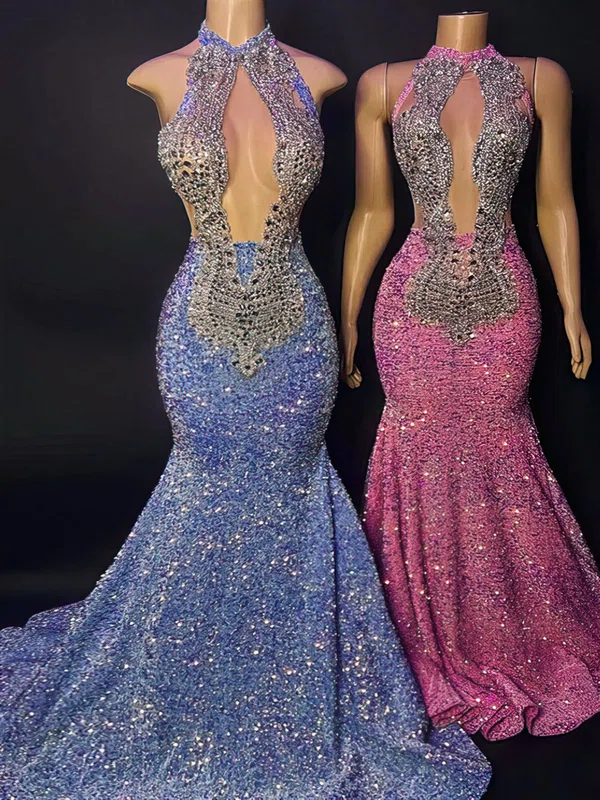 Trumpet/Mermaid High Neck Velvet Sequin Sweep Train Prom Dress With Beading #Milly020122934