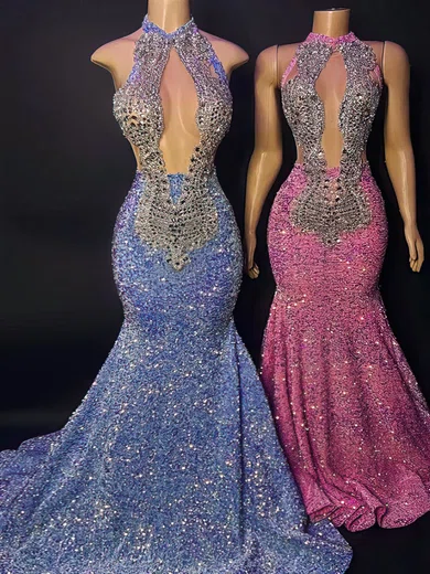 Mermaid High Neck Sparkly Velvet Sequin Prom Dresses With Beading #Milly020122934