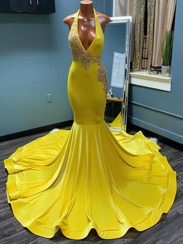 Trumpet/Mermaid Halter Jersey Sweep Train Prom Dress With Beading #Milly020122935