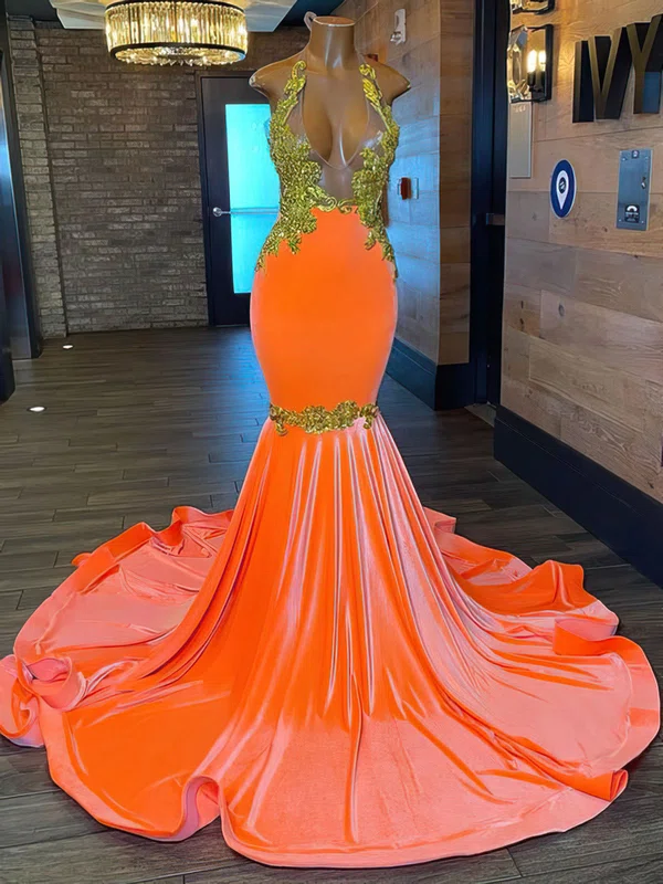 Trumpet/Mermaid Halter Jersey Sweep Train Prom Dress With Appliques Lace #Milly020122937