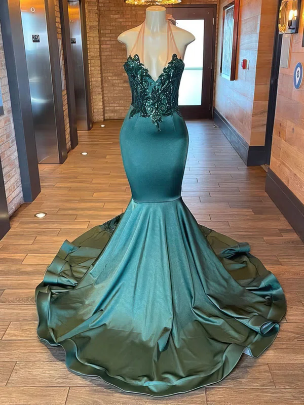 Trumpet/Mermaid Halter Jersey Sweep Train Prom Dress With Appliques Lace #Milly020122938