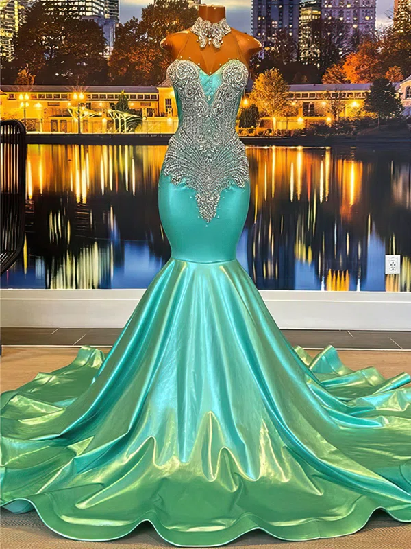 Mermaid High Neck Satin Prom Dresses With Beading #Milly020122939