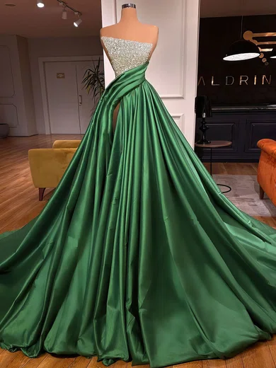 Ball Gown Strapless Ruched Satin Prom Dresses With Beading #Milly020122942