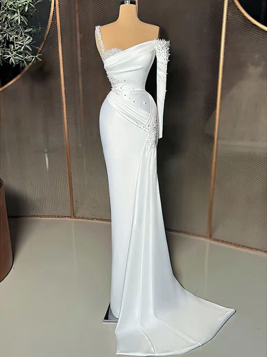 Sheath/Column Asymmetrical Neck Satin Prom Dresses With Beading #Milly020122947