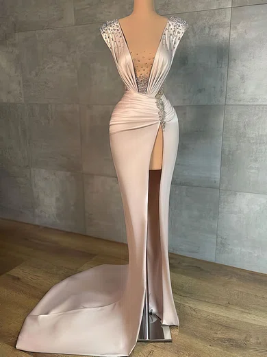 Sheath/Column V-neck Ruched Satin Prom Dresses With Beading #Milly020122949