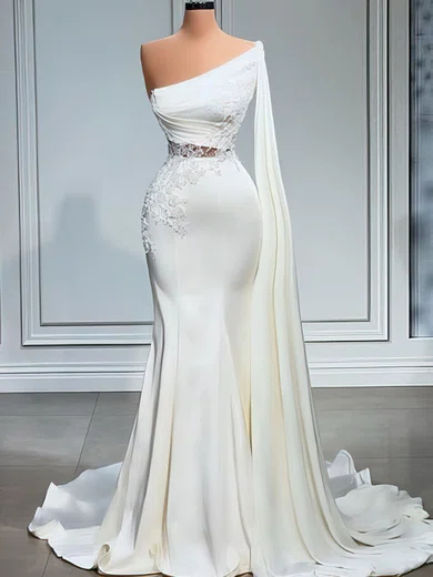 White Mermaid Stretch Crepe One Shoulder Prom Dresses With Appliques #Milly020122950