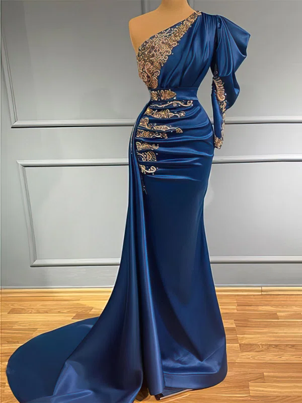 Sheath/Column One Shoulder Satin Sweep Train Prom Dress With Beading #Milly020122951