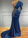Sheath/Column One Shoulder Satin Sweep Train Prom Dress With Beading #Milly020122951