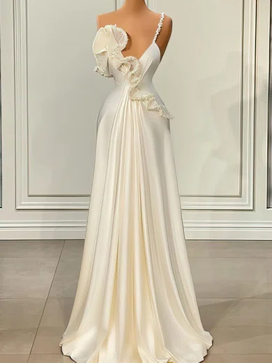 White A-line One Shoulder Satin Prom Dresses With Beading #Milly020122952