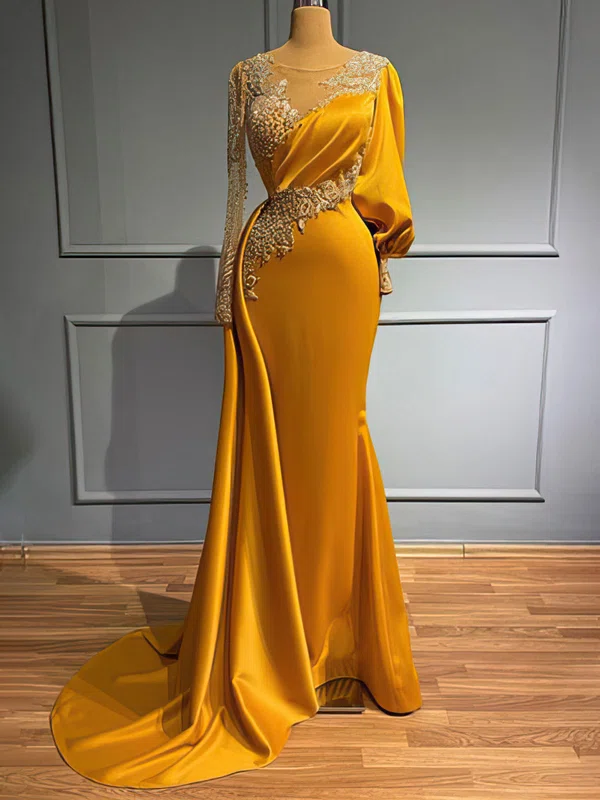 Sheath/Column Illusion Long Sleeves Satin Prom Dresses With Appliques #Milly020122953