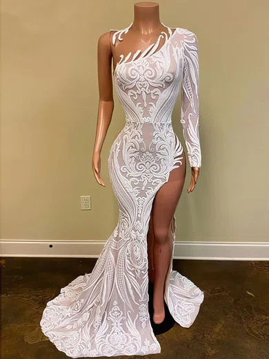 White Mermaid Illusion Lace Prom Dresses With Long Sleeves #Milly020122954