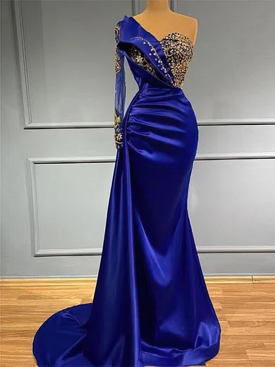 Sheath/Column One Shoulder Satin Prom Dresses With Beading #Milly020122965
