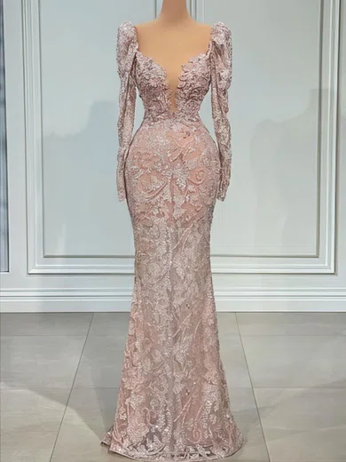 Sheath/Column V-neck Lace Prom Dresses With Long Sleeves #Milly020122966