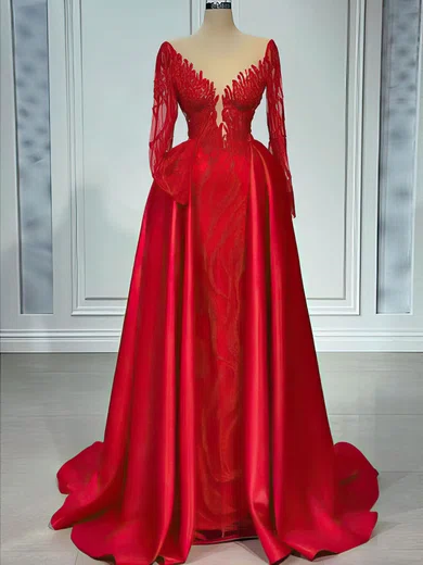 Sheath/Column V-neck Long Sleeves Satin Prom Dresses With Appliques #Milly020122967