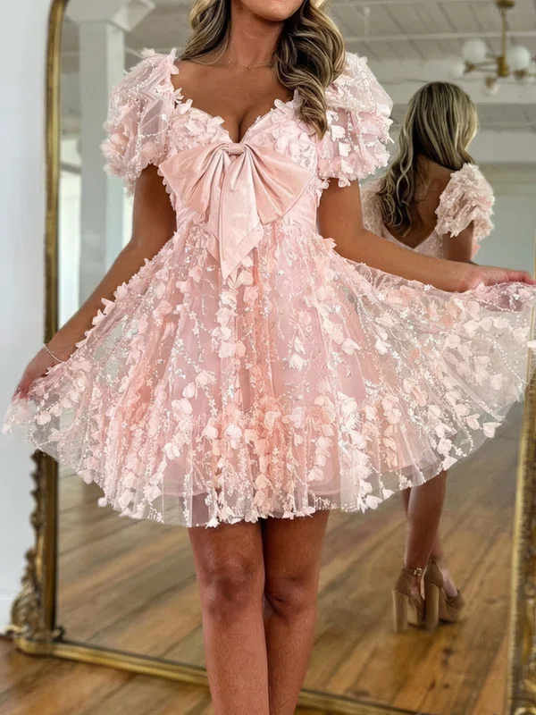 Pink Short Sleeve Glitter Lace Homecoming Dresses #Milly02054232
