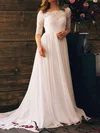 A-line Off-the-shoulder Lace Chiffon Sweep Train Wedding Dresses With Ruffles #00020839
