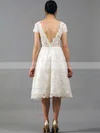 Short Sleeve V-neck Ivory Lace Draped Backless Knee-length Pretty Wedding Dresses #00020864