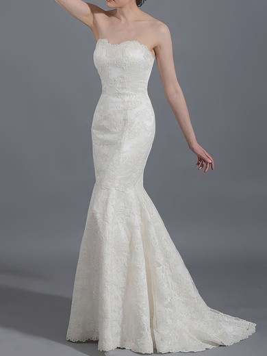 Sweetheart Ivory Draped Lace-up Fashion Trumpet/Mermaid Lace Wedding Dresses #00020866