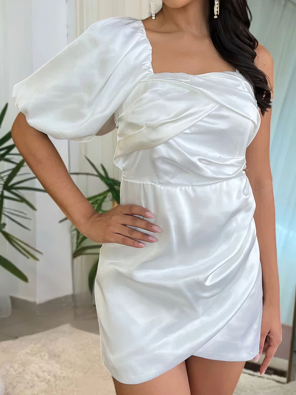 White Square Neckline Satin Ruched 1/2 Sleeve Homecoming Dresses #Milly02054051