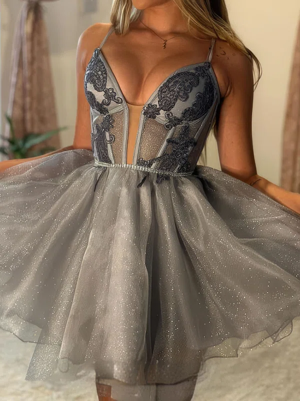 V-neck Glitter Skater Homecoming Dresses With Appliques Lace #Milly02054061
