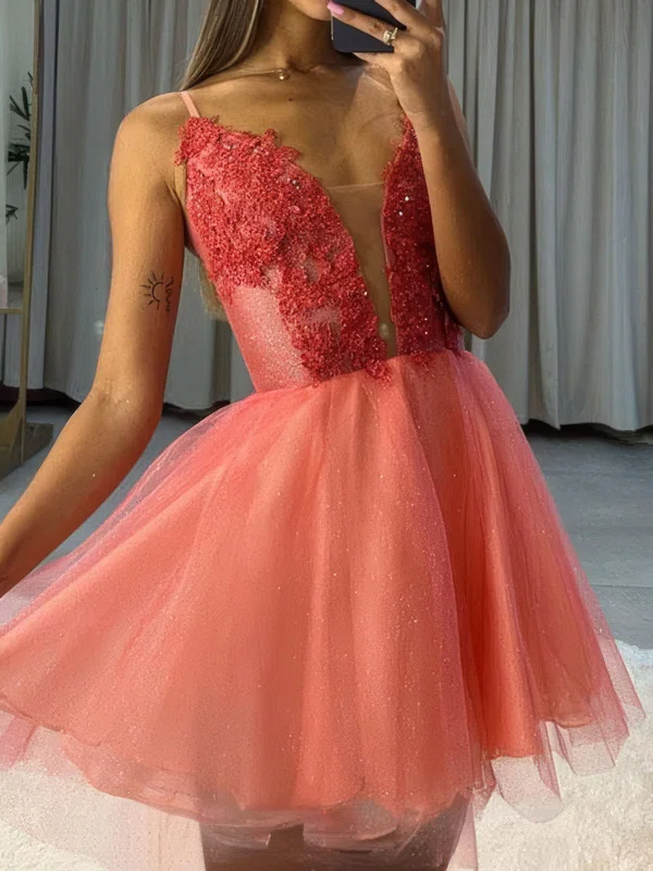 V-neck Glitter Skater Homecoming Dresses With Beading #Milly02054081
