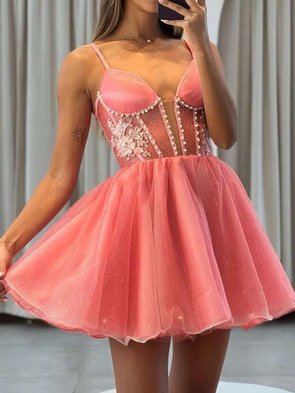 V-neck Glitter Skater Homecoming Dresses With Beading #Milly02054082