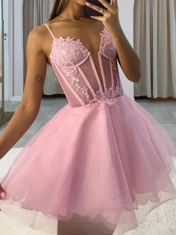 V-neck Glitter Skater Homecoming Dresses With Appliques Lace #Milly02054084