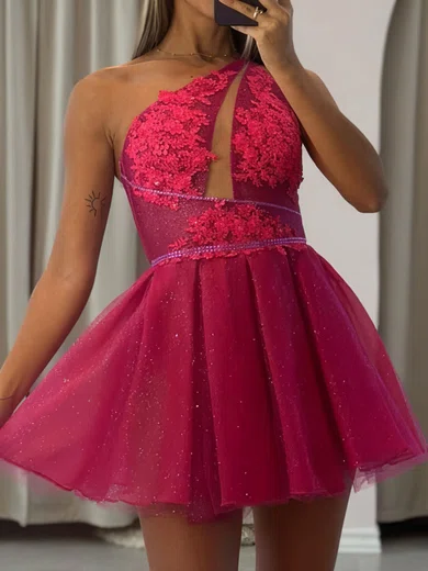 One-Shoulder Glitter Skater Homecoming Dresses With Appliques Lace #Milly02054101