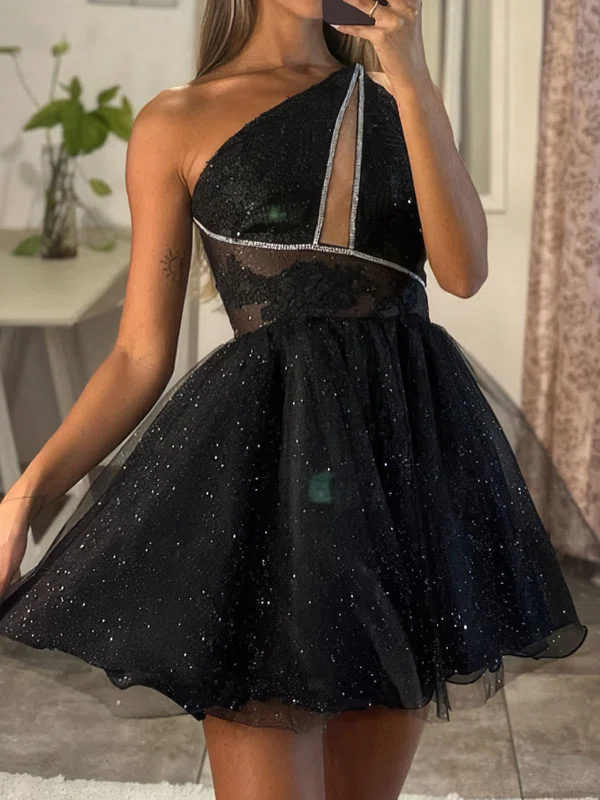 One-Shoulder Glitter Tulle Skater Homecoming Dresses With Beading #Milly02054108