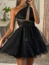 One-Shoulder Glitter Tulle Skater Homecoming Dresses With Beading #Milly02054108