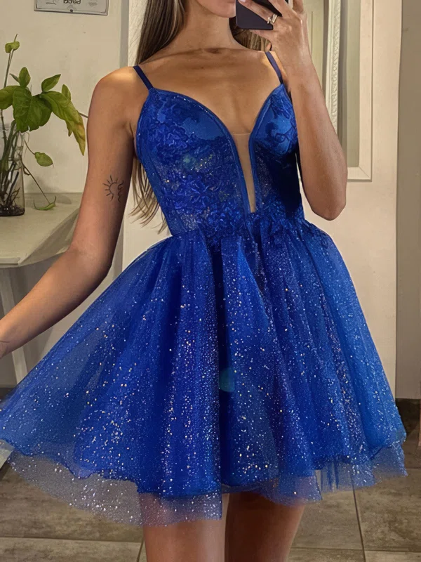 V-neck Glitter Skater Homecoming Dresses With Appliques Lace #Milly02054116
