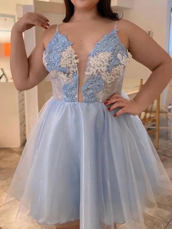 V-neck Glitter Tulle Skater Homecoming Dresses With Appliques Lace #Milly02054121