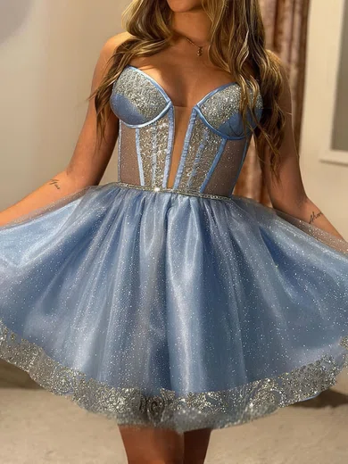 V-neck Glitter Skater Homecoming Dresses With Beading #Milly02054122