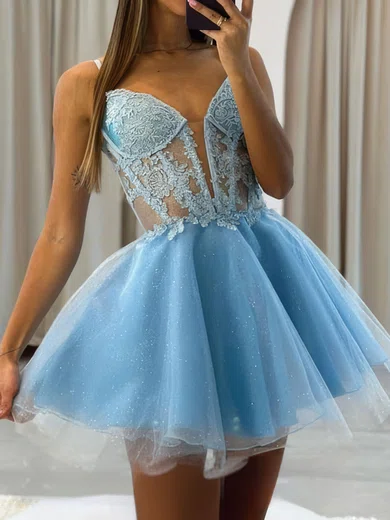 V-neck Glitter Tulle Skater Homecoming Dresses With Appliques Lace #Milly02054123