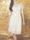 1/2 Sleeve Ivory Lace Sheath/Column Sashes/Ribbons Knee-length Wedding Dresses #00020883
