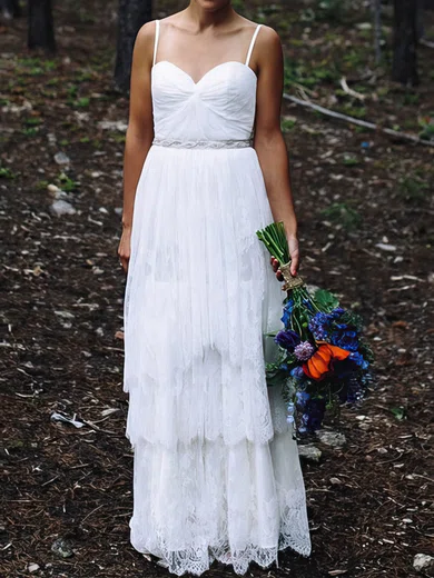 Spaghetti Straps Sweetheart White Beading Lace Open Back Wedding Dress #00020885
