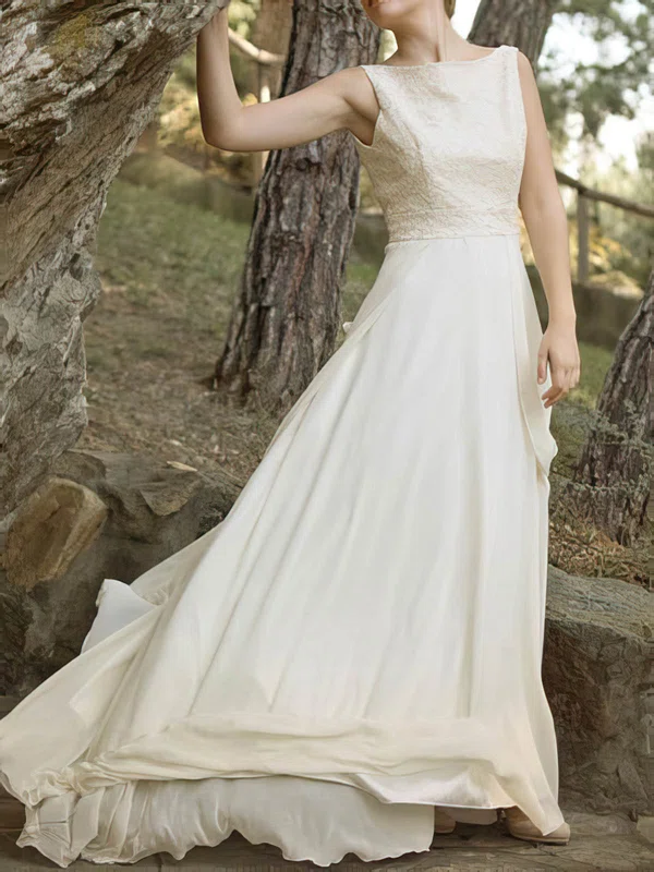 Court Train Scoop Neck Ivory Chiffon Lace Fashion Open Back Wedding Dress #00020921