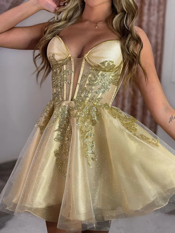 V-neck Glitter Skater Homecoming Dresses With Appliques Lace #Milly02054142